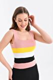 Askılı ve Çizgli Pudra Crop Triko Pudra Kadın Bluz