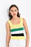 Askılı ve Çizgli Sarı Crop Triko Sarı Kadın Bluz