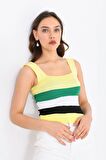 Askılı ve Çizgli Sarı Crop Triko Sarı Kadın Bluz