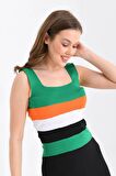 Askılı ve Çizgli Yeşil Crop Triko Yeşil Kadın Bluz