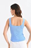 Askılı Kare Yaka Crop Triko Bebe Mavi Kadın Bluz