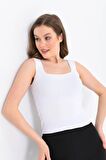 Askılı Kare Yaka Crop Triko Beyaz Kadın Bluz