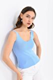 Askılı Merdiven Desenli Kadın Bebe Mavi Crop Triko Bluz