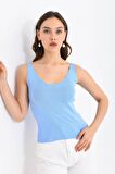 Askılı Merdiven Desenli Kadın Bebe Mavi Crop Triko Bluz