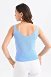 Askılı Merdiven Desenli Kadın Bebe Mavi Crop Triko Bluz