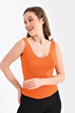 Askılı Merdiven Desenli Kadın Hardal Crop Triko Bluz