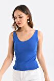 Askılı Merdiven Desenli Kadın Mavi Crop Triko Bluz