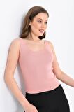Askılı Merdiven Desenli Kadın Pudra Crop Triko Bluz