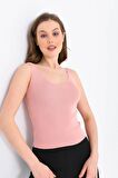 Askılı Merdiven Desenli Kadın Pudra Crop Triko Bluz