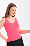 Askılı Merdiven Desenli Kadın Pembe Crop Triko Bluz