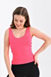 Askılı Merdiven Desenli Kadın Pembe Crop Triko Bluz