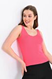 Askılı Merdiven Desenli Kadın Pembe Crop Triko Bluz