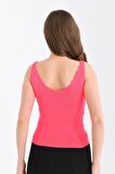 Askılı Merdiven Desenli Kadın Pembe Crop Triko Bluz