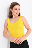 Askılı Merdiven Desenli Kadın Sarı Crop Triko Bluz
