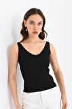 Askılı Merdiven Desenli Kadın Siyah Crop Triko Bluz