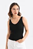 Askılı Merdiven Desenli Kadın Siyah Crop Triko Bluz
