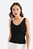 Askılı Merdiven Desenli Kadın Siyah Crop Triko Bluz