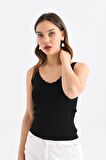 Askılı Merdiven Desenli Kadın Siyah Crop Triko Bluz