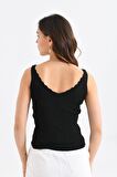 Askılı Merdiven Desenli Kadın Siyah Crop Triko Bluz
