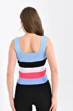 Askılı ve Çizgli Crop Triko Bebe Mavi Kadın Bluz