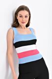 Askılı ve Çizgli Crop Triko Bebe Mavi Kadın Bluz