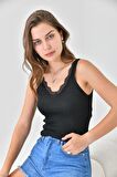V Yaka Merdiven Dandel Detaylı Siyah Triko Crop Top