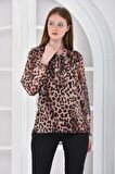 Modkofoni Leopar Desenli Astarlı Kahverengi Tül Kadın Bluz