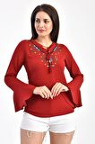 Modkofoni V Yaka Nakışlı Volen Uzun Kollu Bordo Kadın Bluz