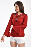 Modkofoni V Yaka Nakışlı Volen Uzun Kollu Bordo Kadın Bluz