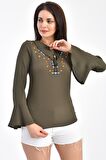 Modkofoni V Yaka Nakışlı Volen Uzun Kollu Haki Kadın Bluz