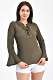 Modkofoni V Yaka Nakışlı Volen Uzun Kollu Haki Kadın Bluz