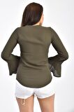 Modkofoni V Yaka Nakışlı Volen Uzun Kollu Haki Kadın Bluz