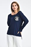 Modkofoni Bisiklet Yaka Uzun Kollu Taşlı Lacivert Triko Kadın Bluz