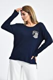 Modkofoni Bisiklet Yaka Uzun Kollu Taşlı Lacivert Triko Kadın Bluz