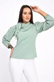 Modkofoni Fular Detaylı Uzun Kollu Mint Yeşil Kadın Bluz