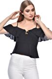 Modkofoni Askılı Düşük Kollu Volenli ve Düğmeli Kısa Siyah Kadın Bluz