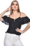 Modkofoni Askılı Düşük Kollu Volenli ve Düğmeli Kısa Siyah Kadın Bluz