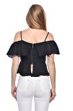 Modkofoni Askılı Düşük Kollu Volenli ve Düğmeli Kısa Siyah Kadın Bluz