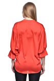 Modkofoni Uzun Kollu Volenli ve Biyeli Kırmızı Kadın Bluz