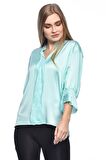 Modkofoni Uzun Kollu Volenli ve Biyeli Mint Kadın Bluz