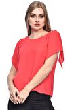 Modkofoni Kısa Kollu V Yaka İnci Detaylı Kırmızı Kadın Bluz