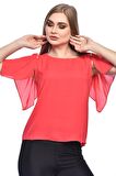 Modkofoni Kısa Kollu V Yaka İnci Detaylı Kırmızı Kadın Bluz