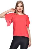 Modkofoni Kısa Kollu V Yaka İnci Detaylı Kırmızı Kadın Bluz