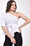 Modkofoni Volen Tek Kollu Kuşaklı Omuzdan Lastikli Beyaz Kadın Bluz
