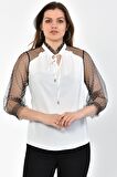 Modkofoni V Yaka Puantiyeli Uzun Kollu Beyaz Tül Kadın Bluz