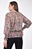 Modkofoni Uzun Kollu Belden Lastikli Çiçekli Bordo Tül Kadın Bluz