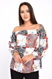Modkofoni Uzun Kollu Omuz Detaylı Desenli Beyaz Kadın Bluz