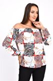 Modkofoni Uzun Kollu Omuz Detaylı Desenli Beyaz Kadın Bluz