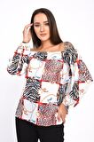 Modkofoni Uzun Kollu Omuz Detaylı Desenli Beyaz Kadın Bluz