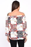 Modkofoni Uzun Kollu Omuz Detaylı Desenli Beyaz Kadın Bluz